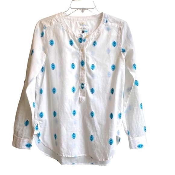 LOFT Ann Taylor Lightweight White Long Sleeve Shirt w/ Blue embroidered Pattern - Picture 1 of 9